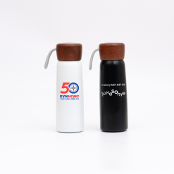 Bình nước giữ nhiệt 500ml nắp vân gỗ tích hợp dây xách in logo thương hiệu làm quà tặng doanh nghiệp